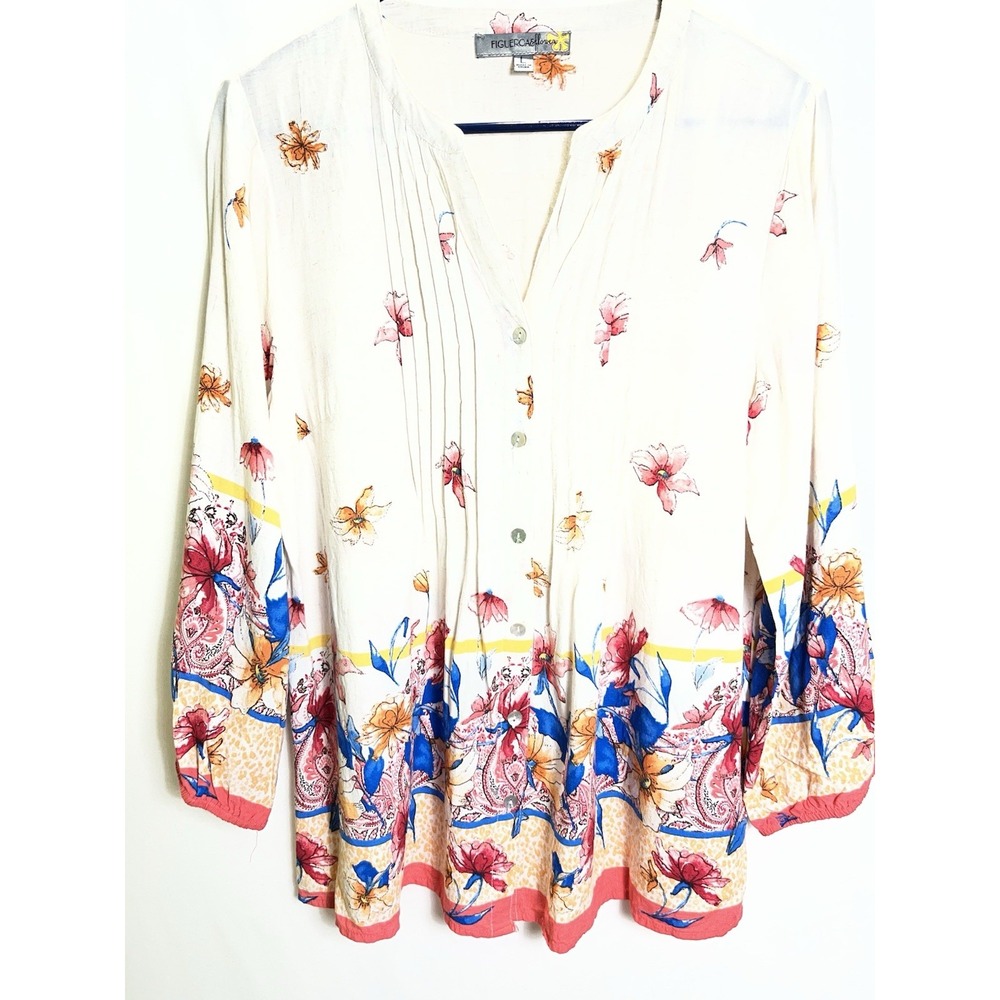 Figueroa & Flower Floral Tunic Women Large Ivory Linen Blend Boho Top